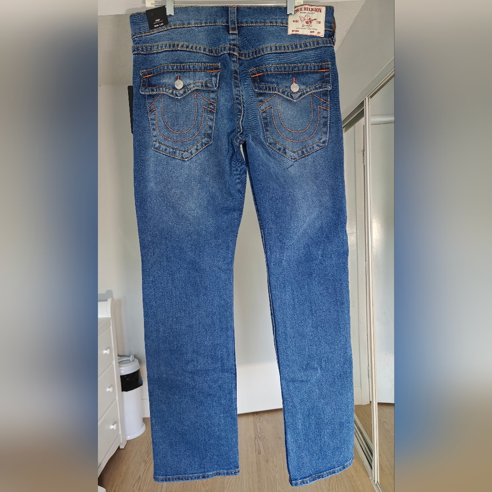 True Religion Jeans Men's 34 Blue Ricky Big T Flap Straight Leg Medium Wash